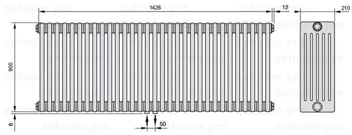 Схема (чертеж) Радиатор Zehnder Charleston 6090/31 №3470 Белый глянцевый RAL 9016